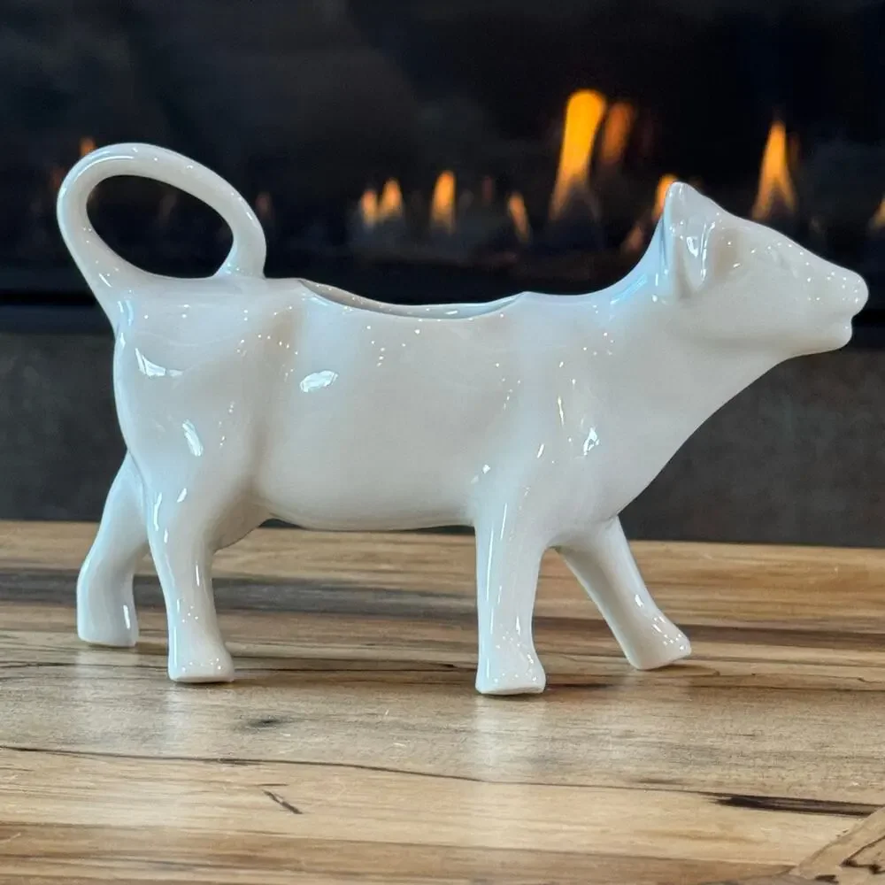 Vintage Apilco France White Porcelain Cow Creamer Farmhouse Kitchen Decor 7